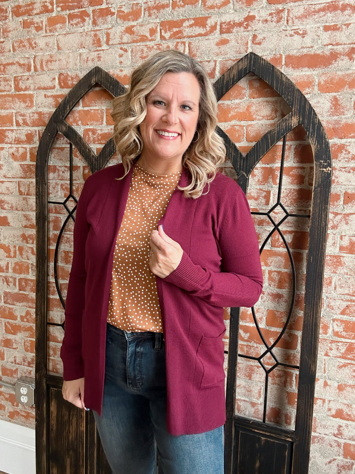 She's Classic Pocket Cardigan-Wine