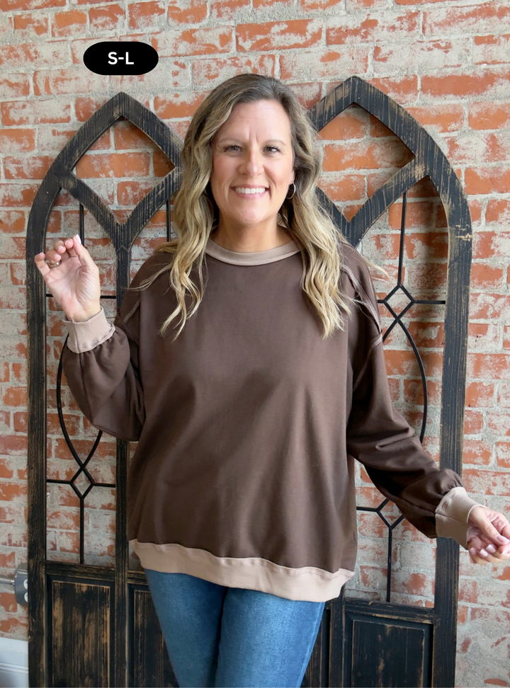Take Care Of It Trimmed Crewneck-Brown