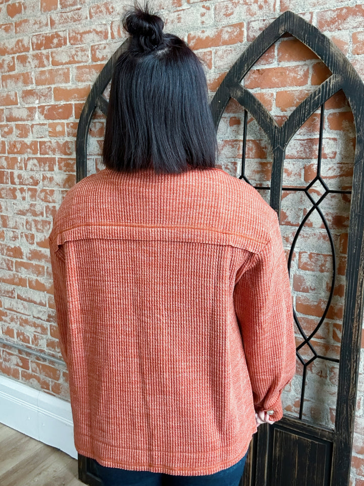 Fall Necessity Ribbed Knit Shacket-Rust