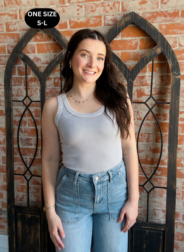 Keep It On The Down Low Ribbed Tank-Grey