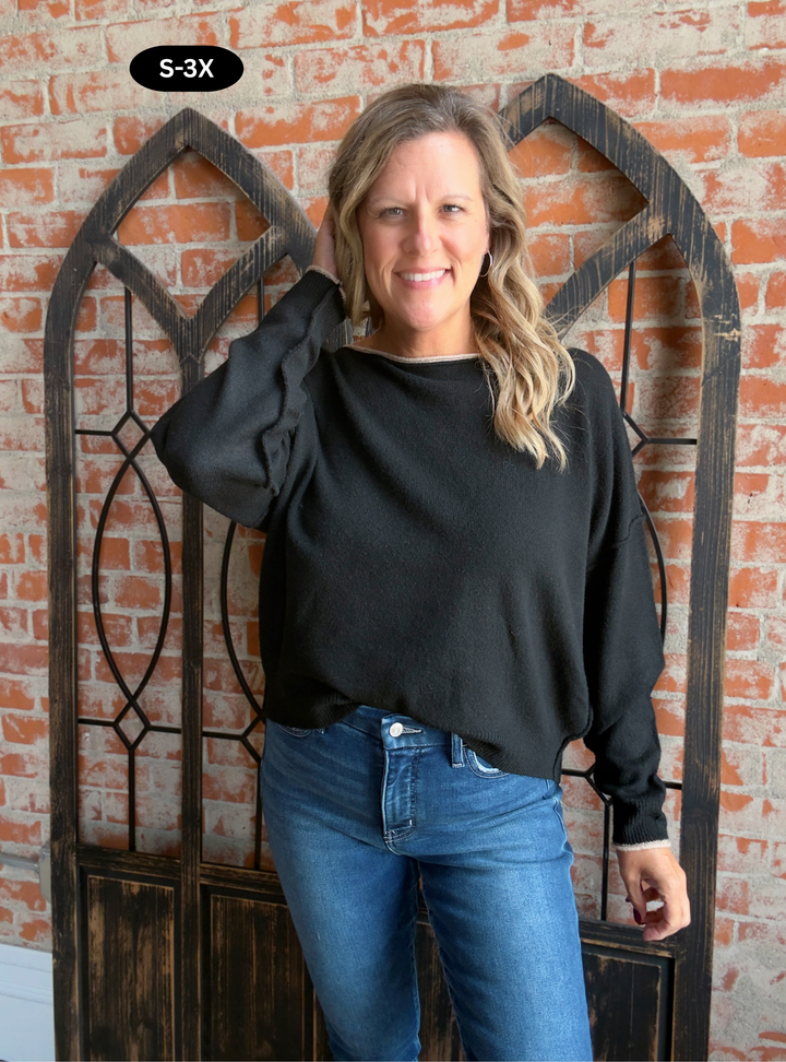 Roll With It Trimmed Sweater- Black