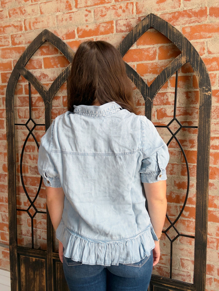 I Got It Ruffle Denim Blouse