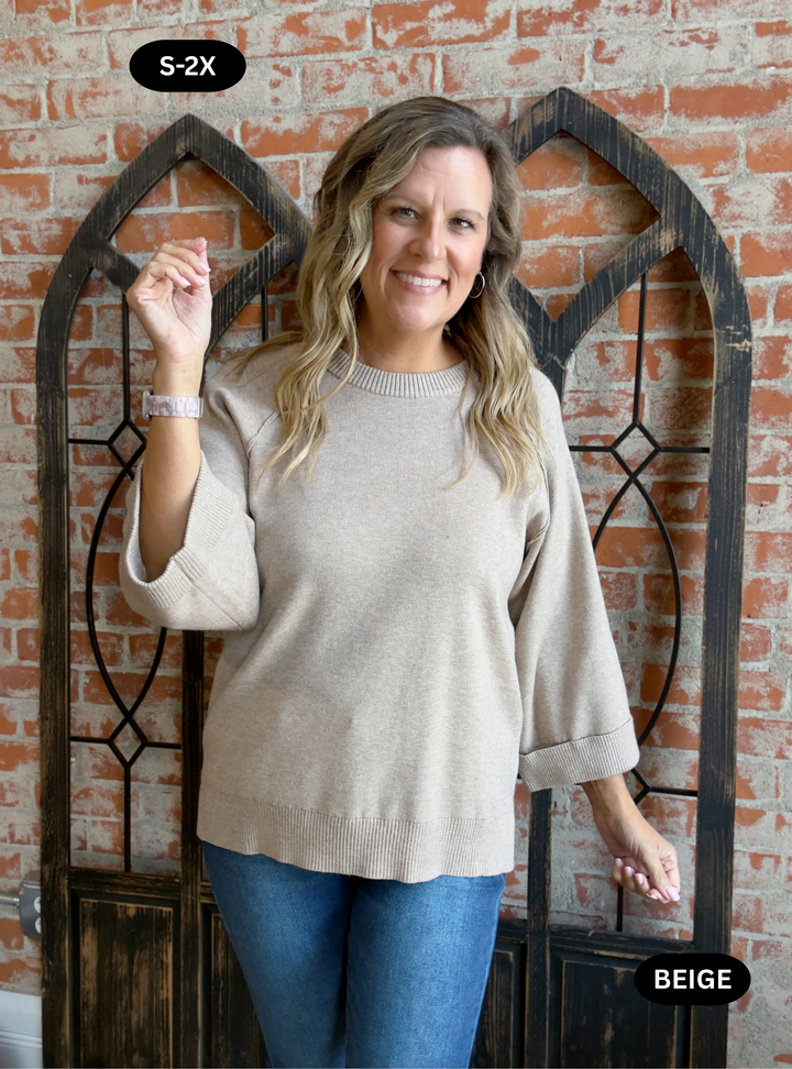 In For It 3/4 Sleeve Sweater-Beige & Black