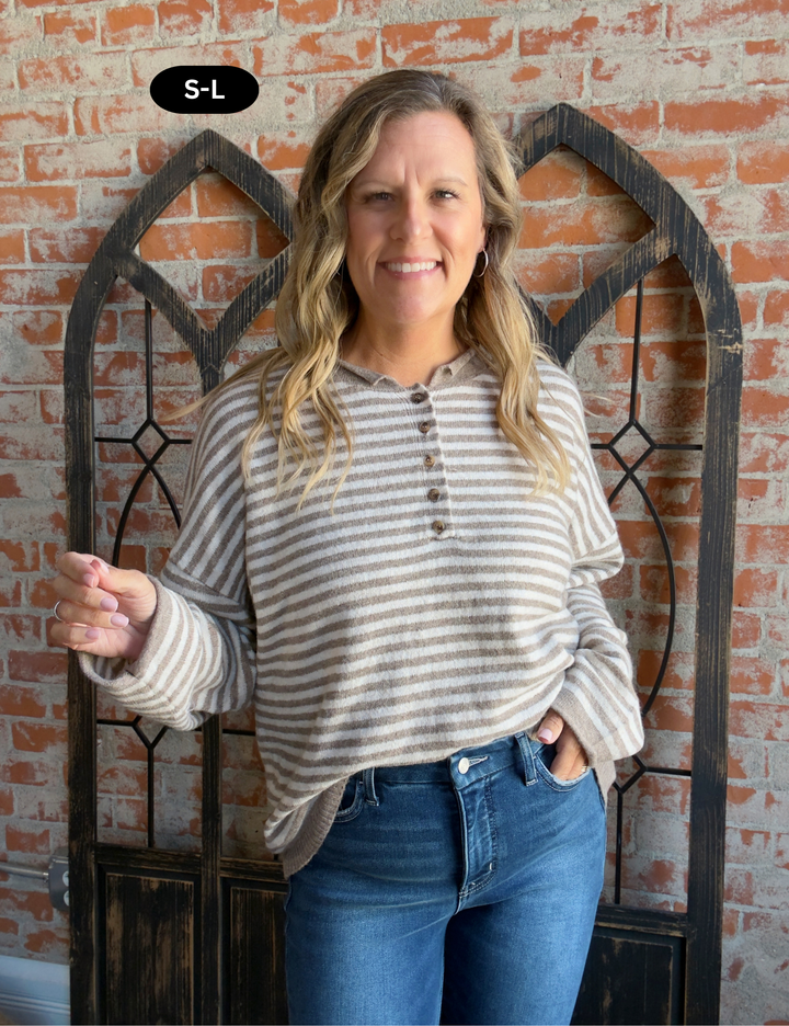 It's Alright Striped Henley Sweater-Mocha