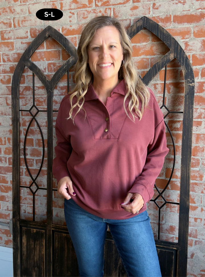 Let It Go Scuba Collared Crew-Marsala