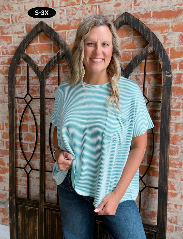 Make It's Way Back 2 Tone Ribbed Tee-Turquoise