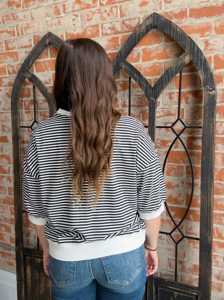 Just In Time Striped 3/4 Crewneck-Black