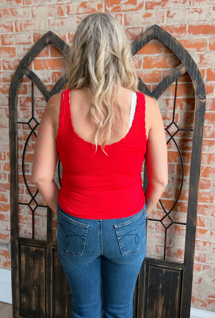 I Do Care Scalloped Tank-Red