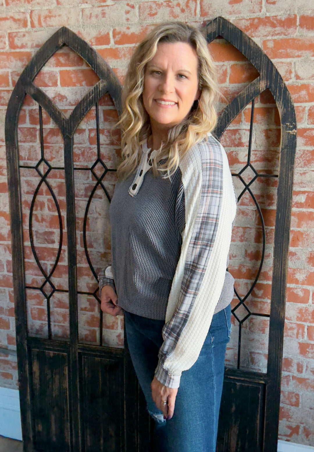 Within Time Plaid Sleeve Henley