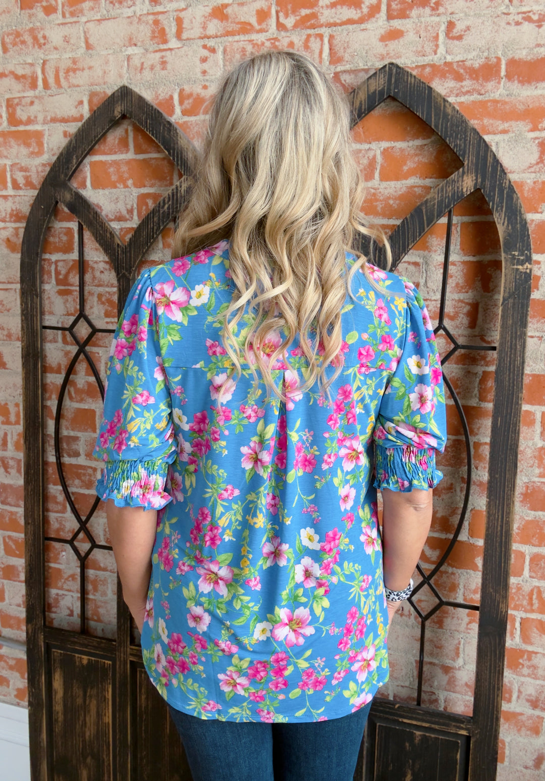 Ocean Floral Blooms Smocked Sleeve Blouse