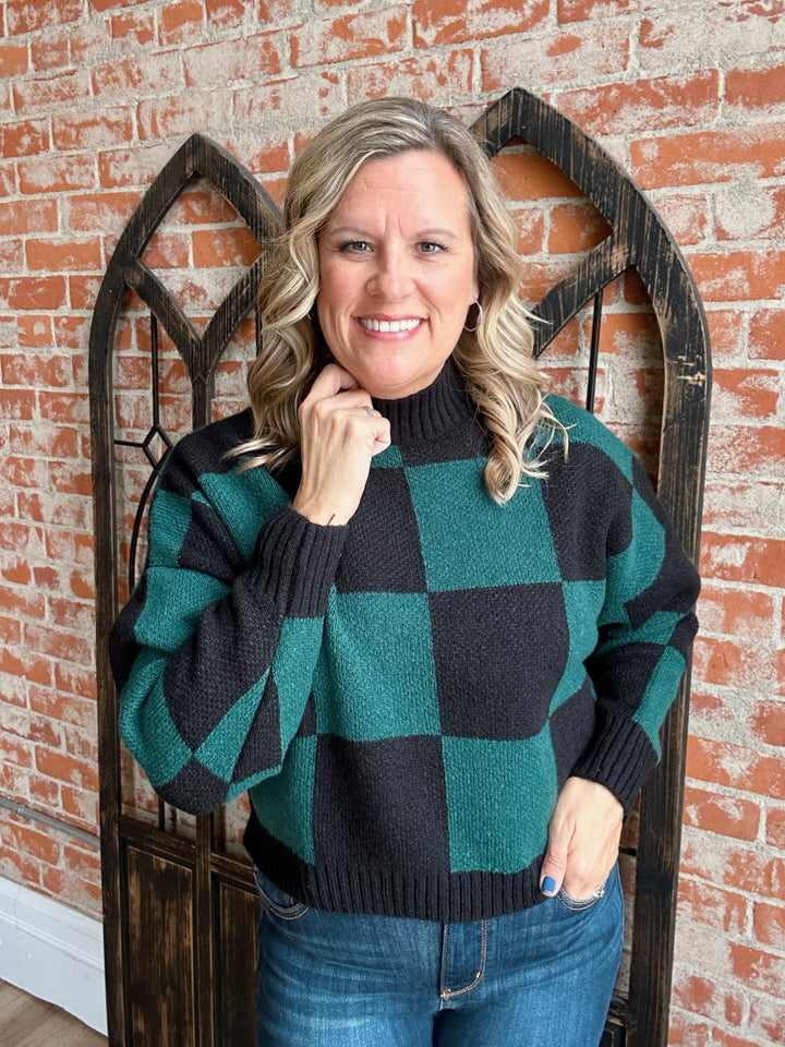 Cherish A Moment Hunter Green Checkered Sweater