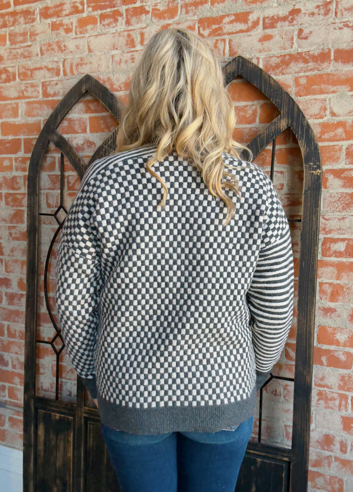 Feel The Victory Checkered Cardigan-Charcoal
