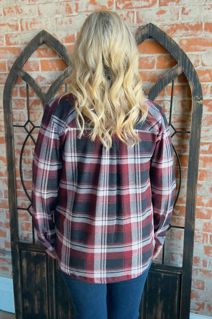 Teddy Soft Plaid Shacket-Burgundy/Navy Plaid