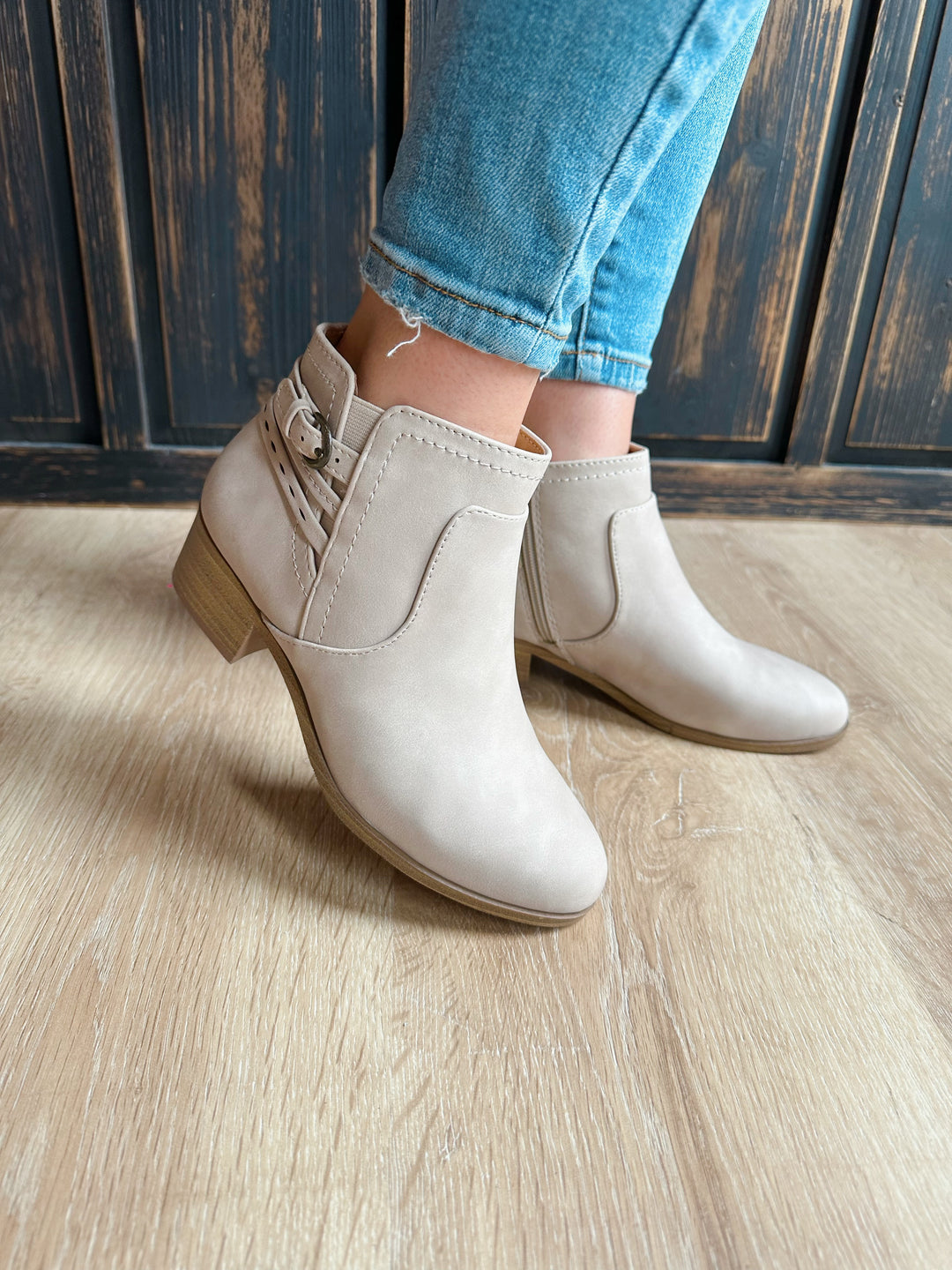 Soda Light Taupe Buckle Bootie