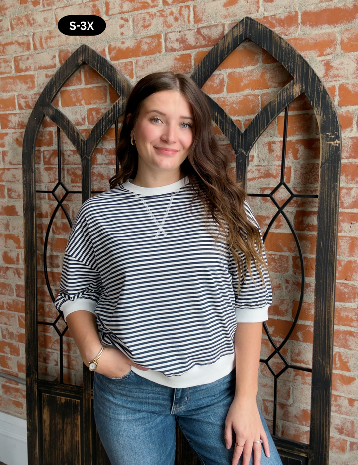 Just In Time Striped 3/4 Crewneck-Navy