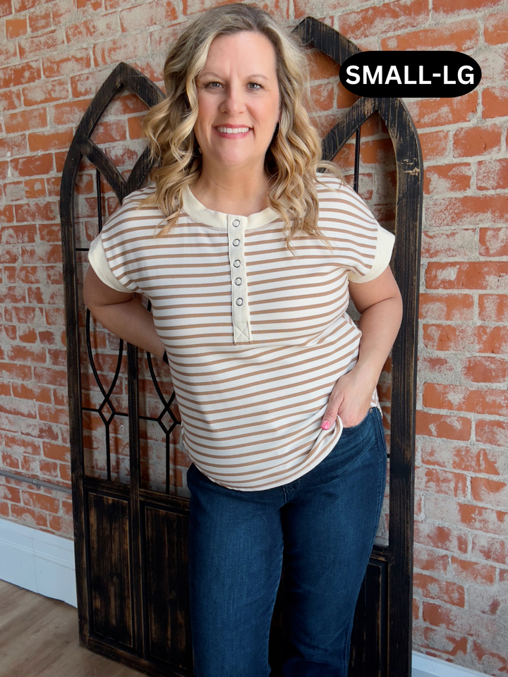 Keep Me Safe Striped Henley-Camel