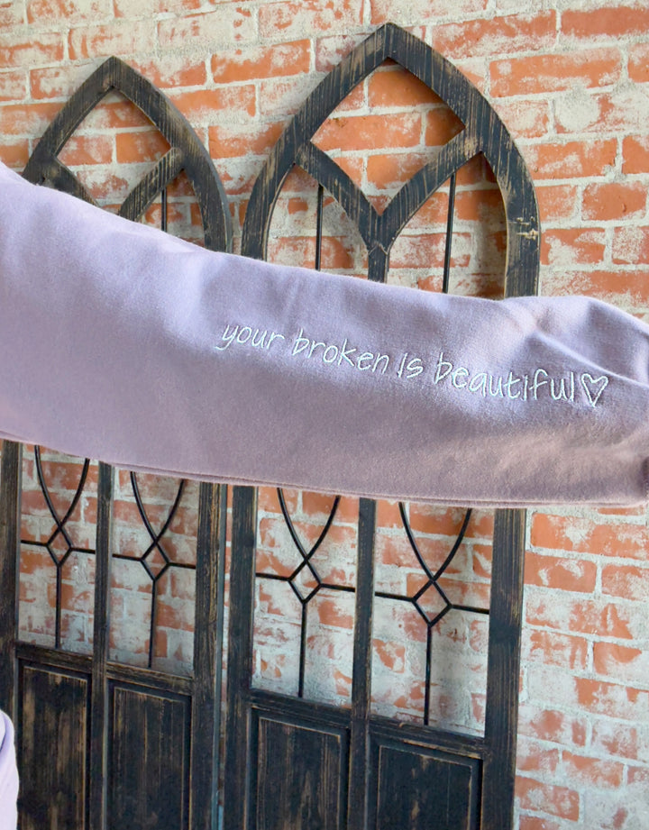 Dusty Lilac Embroidered Broke Is Beautiful Crewneck