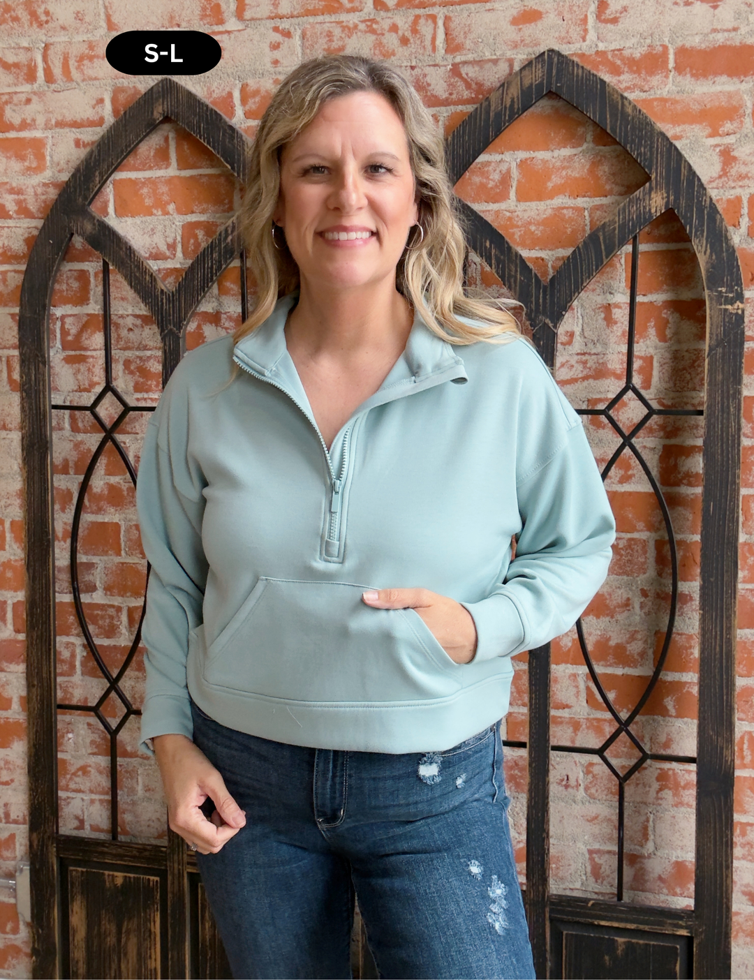 Put It On My Tab Cropped Scuba Half Zip-Light Sage