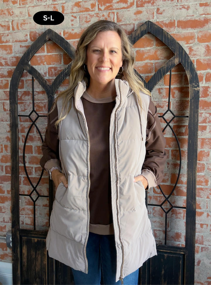 Warm Hug Long Puffer Vest-Taupe