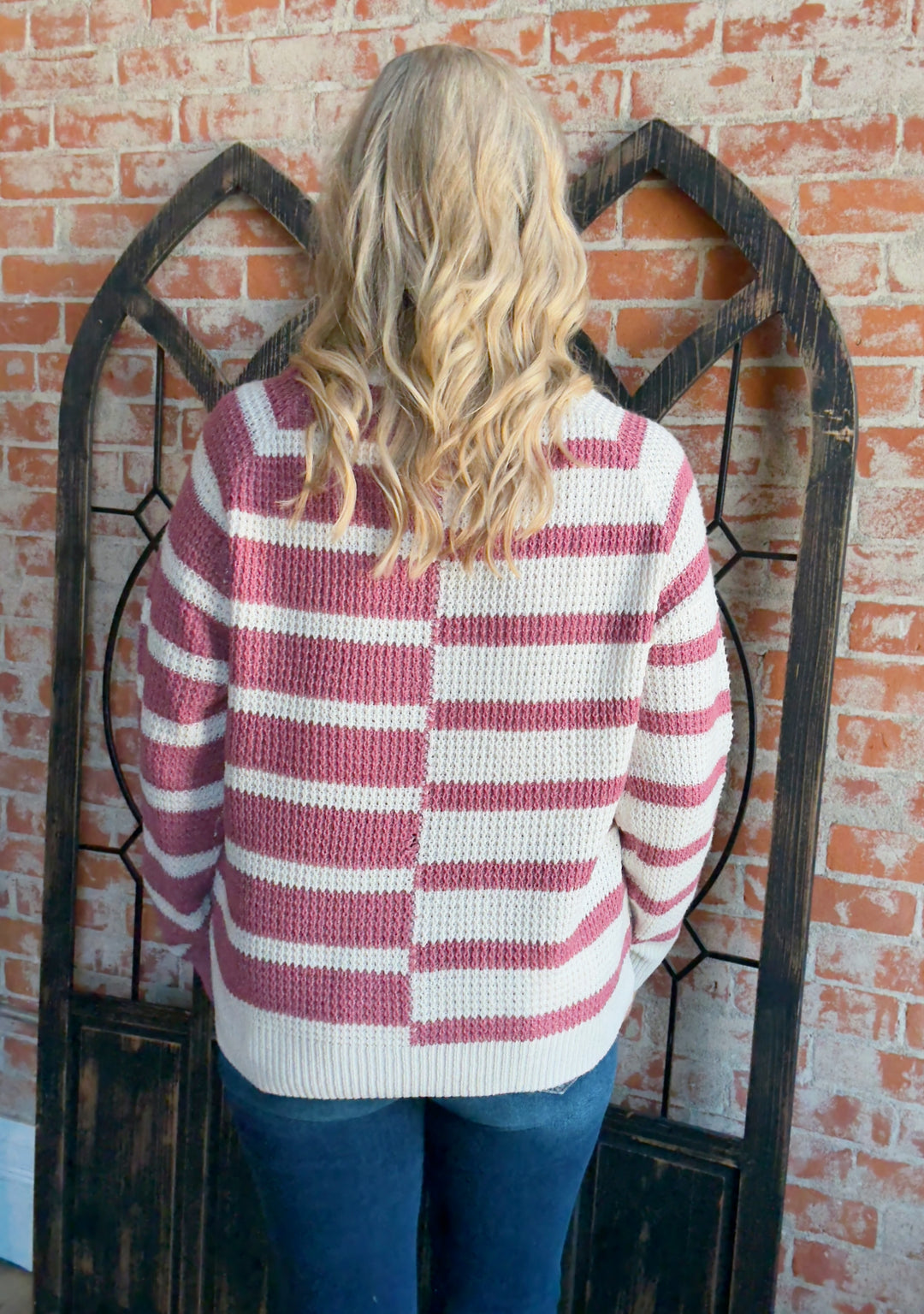 Frosted Strawberry Striped Color Block Sweater-Rose