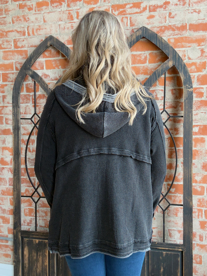 For Another Round Waffle Knit Shacket-Black