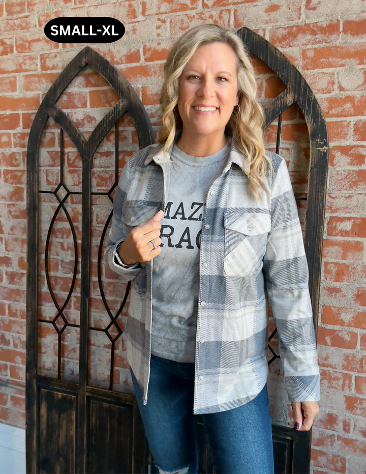 Teddy Soft Plaid Shacket-Grey/Beige Plaid