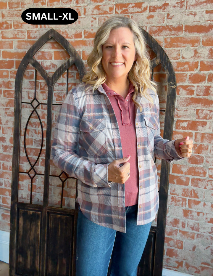 Teddy Soft Plaid Shacket-Blue/Mauve Plaid