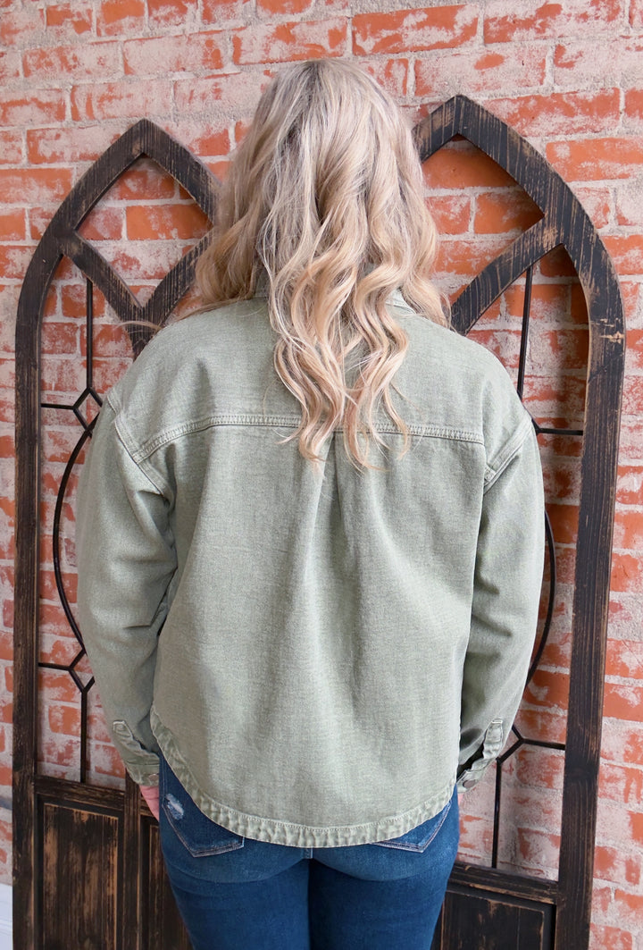 On Time Olive Denim Jacket