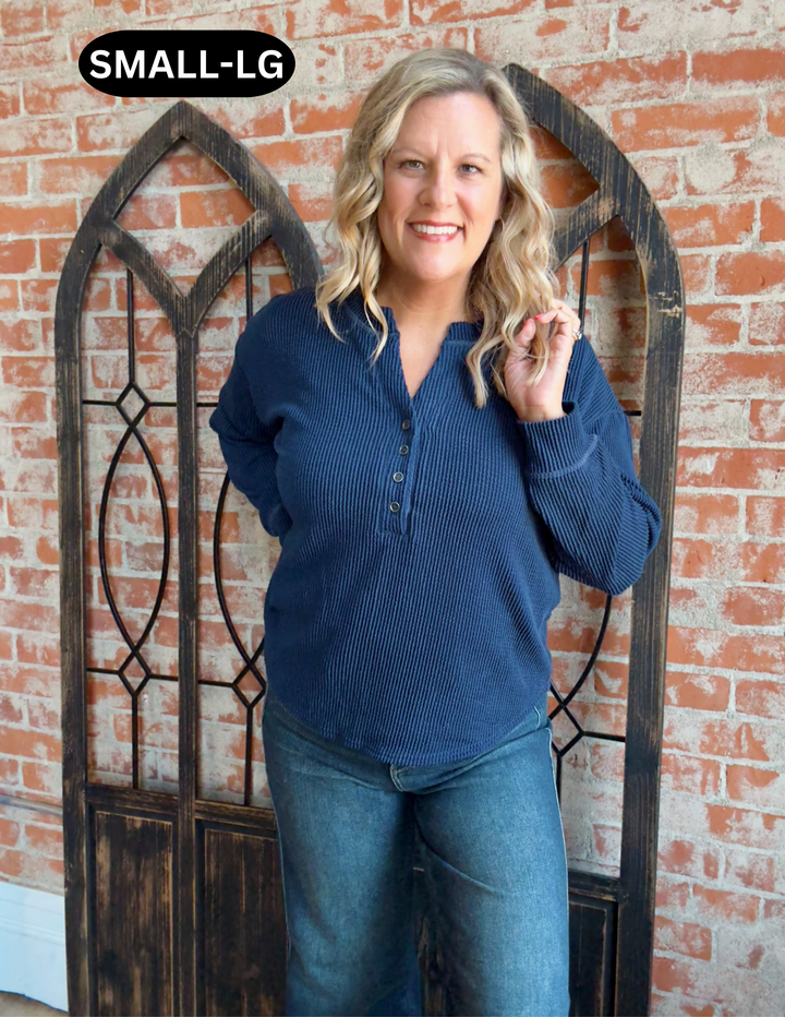Take Your Time Ribbed Henley-Navy
