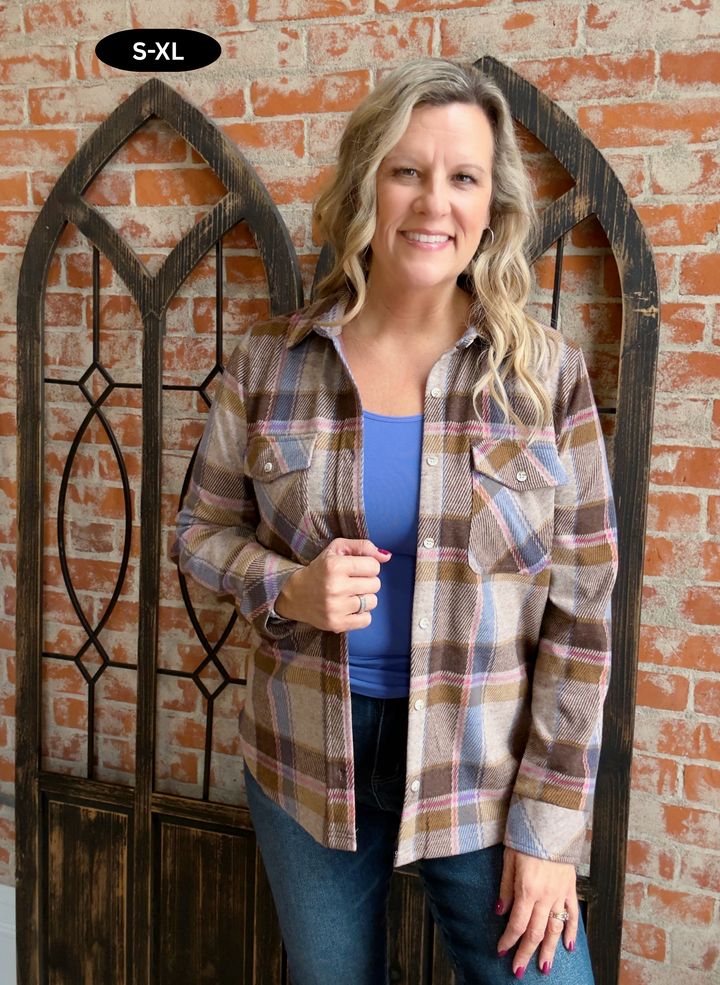 Teddy Soft Plaid Shacket-Brown/Periwinkle
