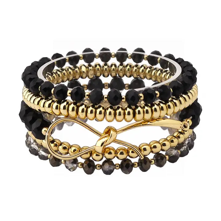 Multi Row Mixed Material Black Stretch Bracelet Set