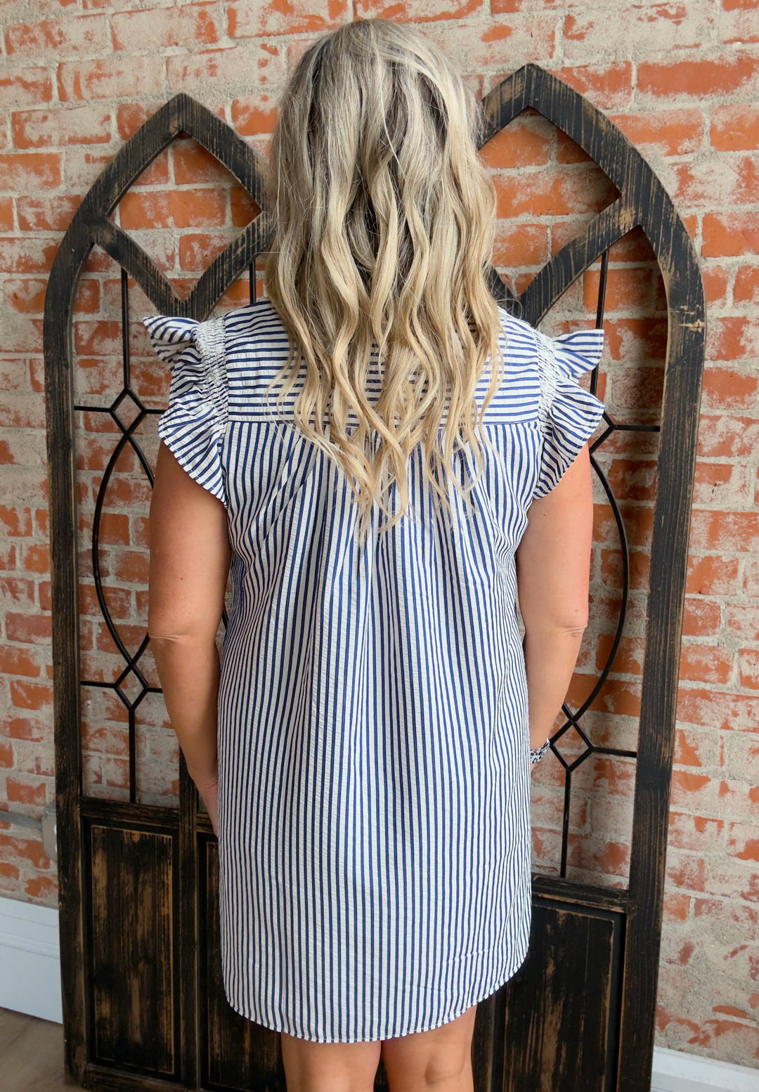 Here In Time Striped Ruffle Sleeve Dress-Royal