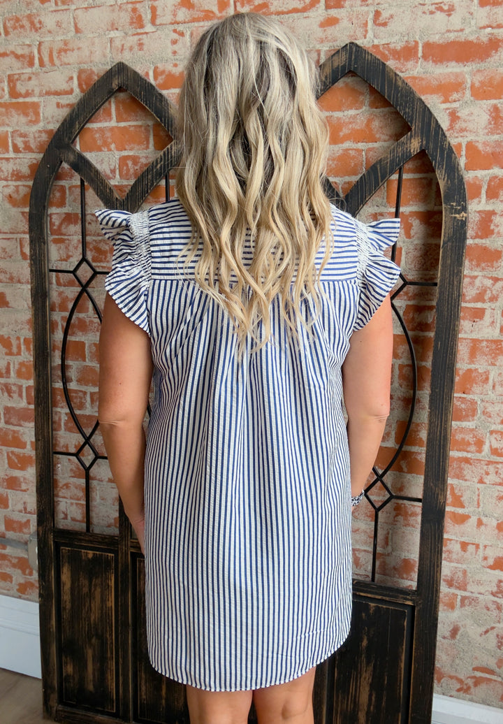 Here In Time Striped Ruffle Sleeve Dress-Royal