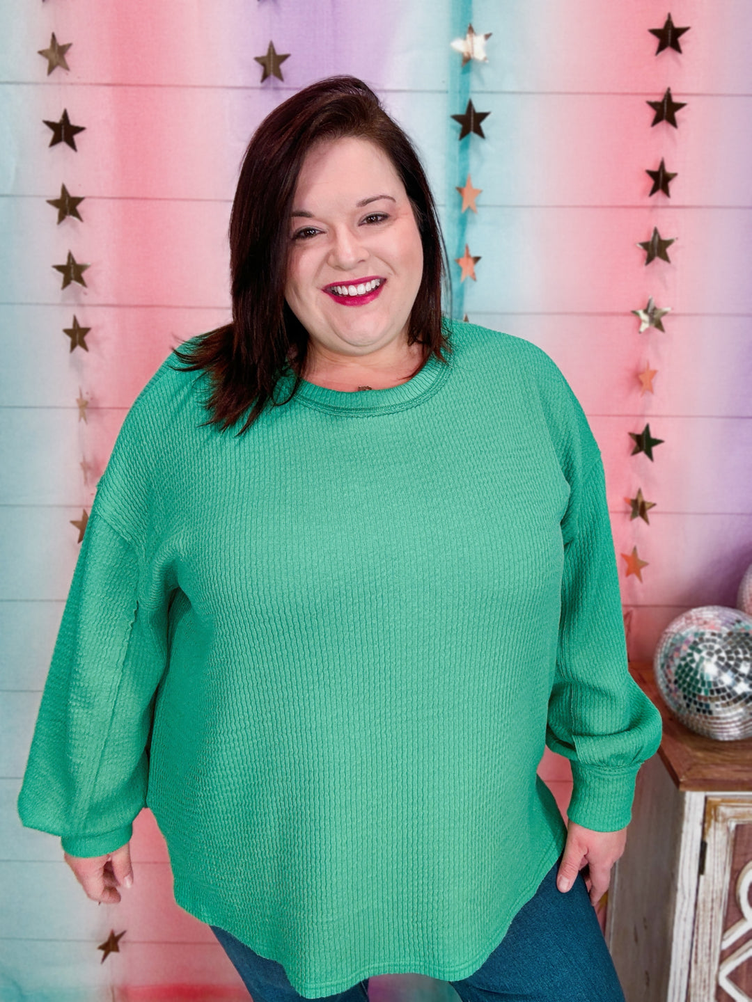 Curvy Make Me Believe Ribbed Sweater-Kelly Green
