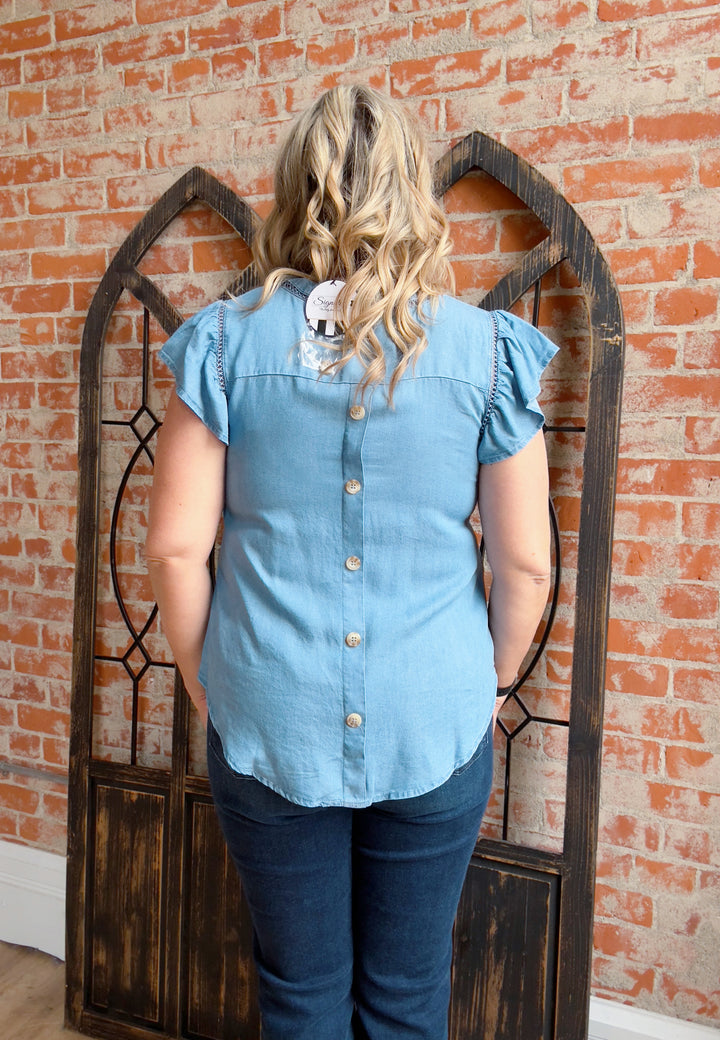 What It's About Chambray Button Back Blouse