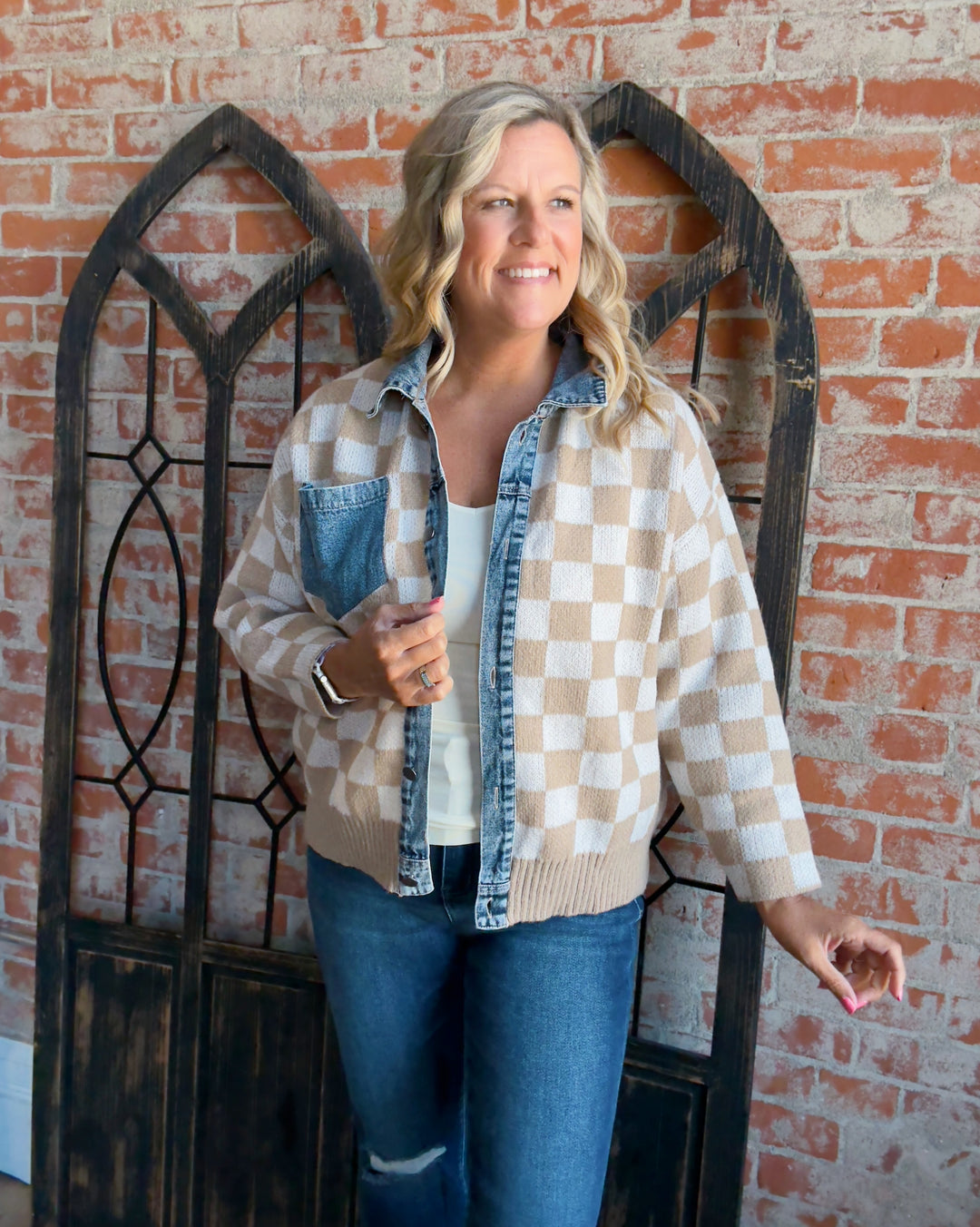 Team's Top Pick Checkered/Denim Sweater Cardi