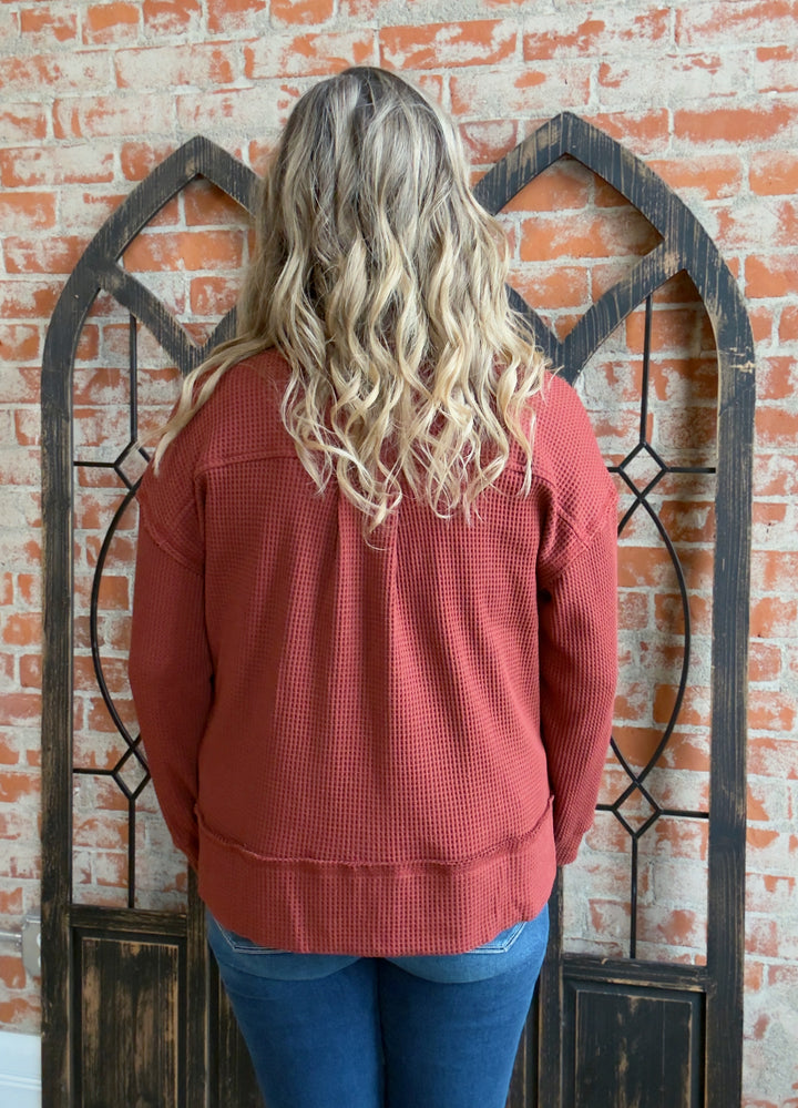 Never Ordinary Waffle Shacket-Rust