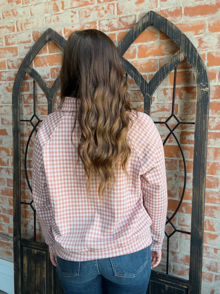 It's A New Day Gingham Half Zip-Mauve