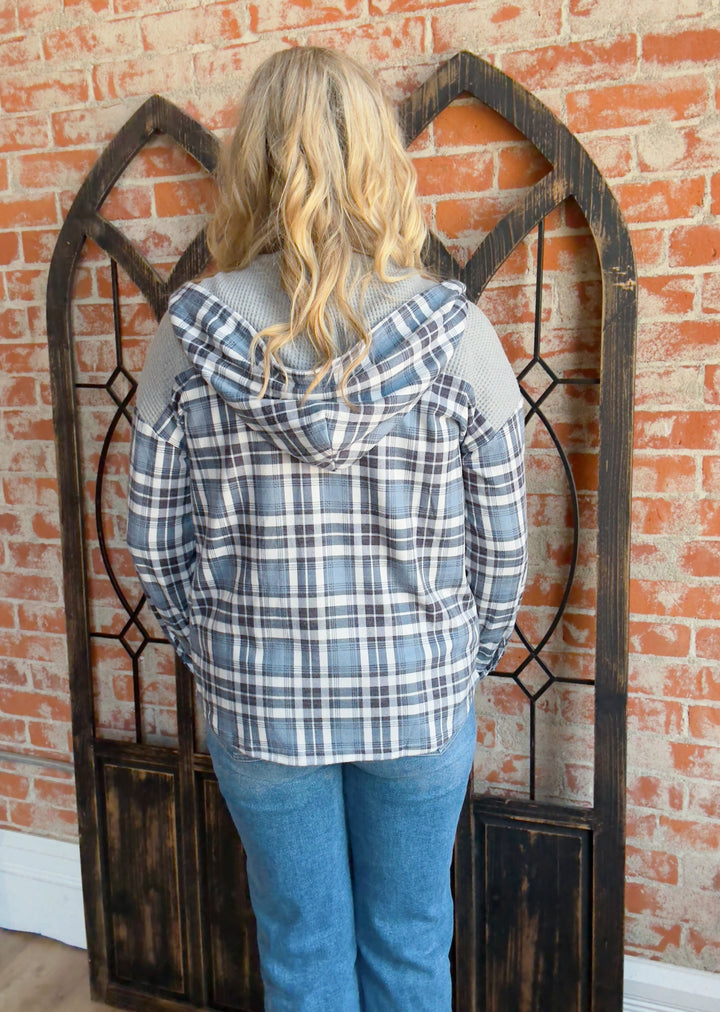 Call My Name Plaid Waffle Shacket-Grey