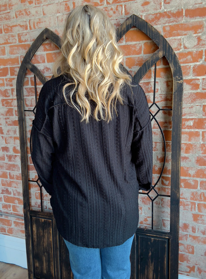 When Fall Calls Crochet Shacket-Black
