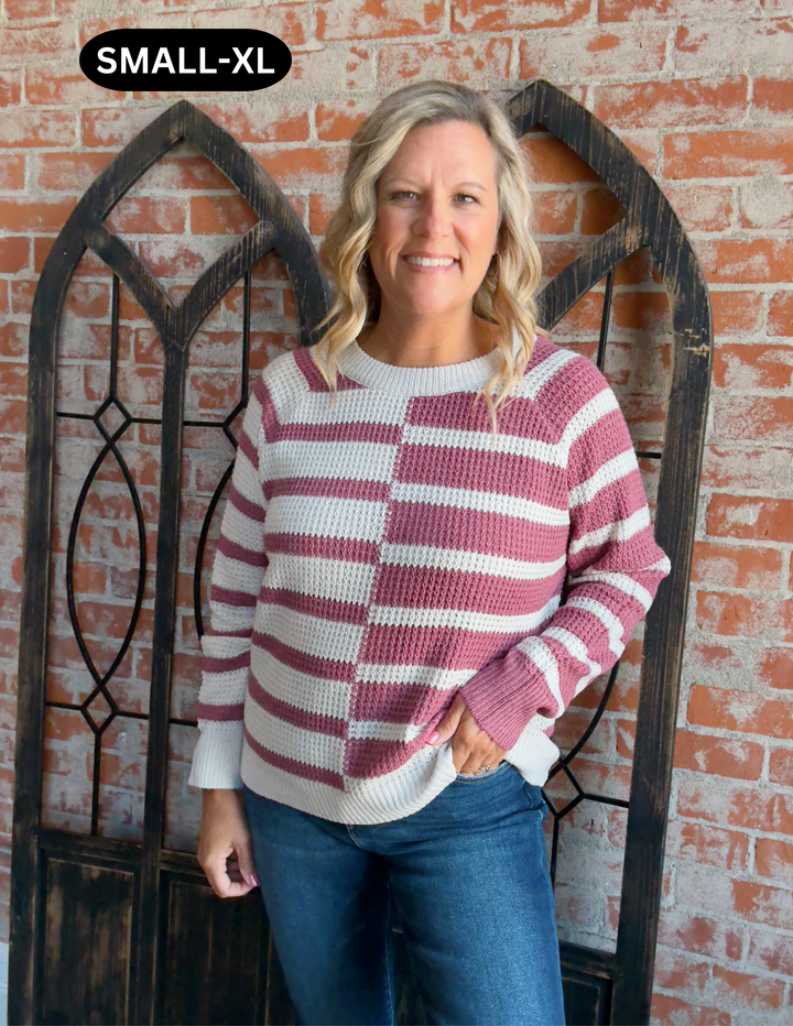 Frosted Strawberry Striped Color Block Sweater-Rose