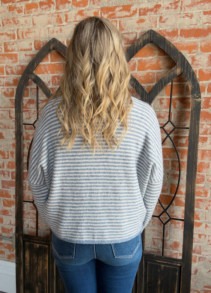 Top Of Mind Striped Sweater Cardigan- Charcoal & Blue