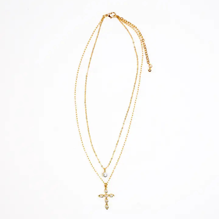 Leah Pearl Double Layered Cross Necklace
