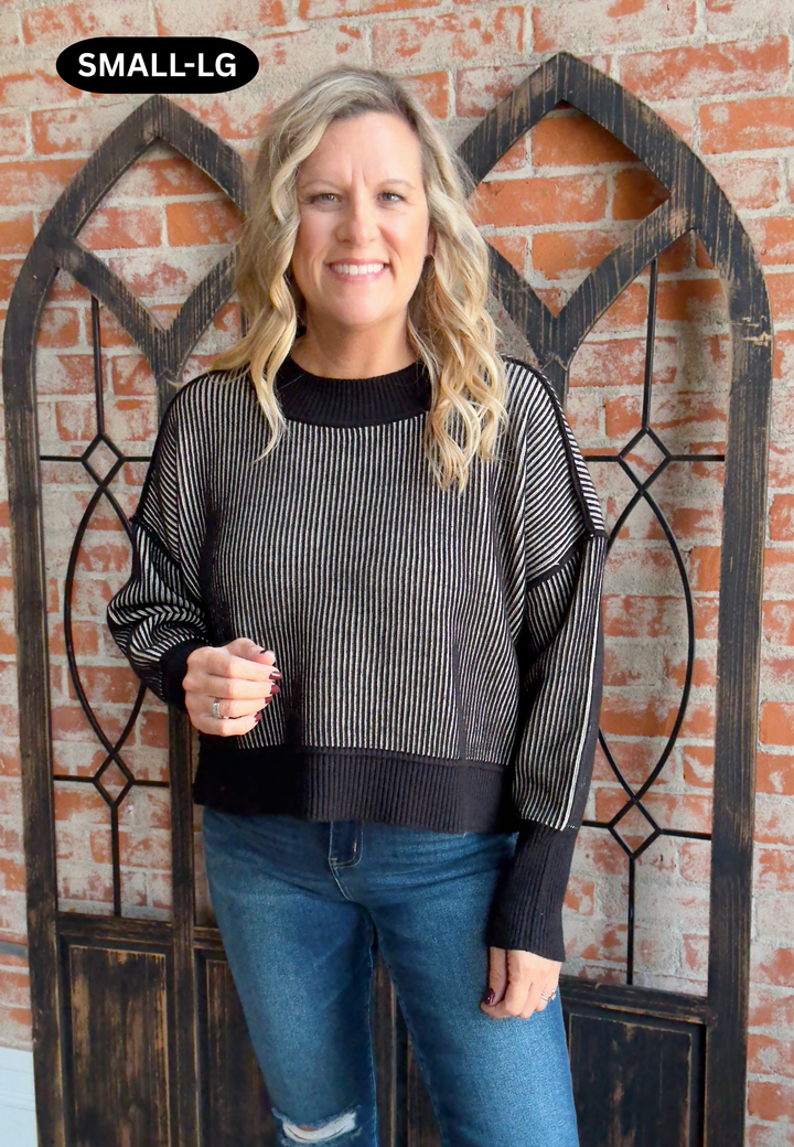 In The Silence Ribbed 2 Tone Sweater-Black