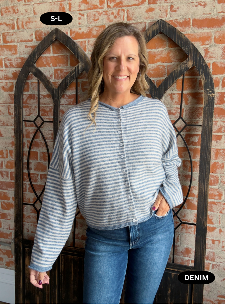 Top Of Mind Striped Sweater Cardigan- Charcoal & Blue