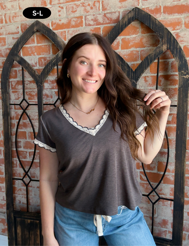 Second Guessing Crochet Trimmed Tee