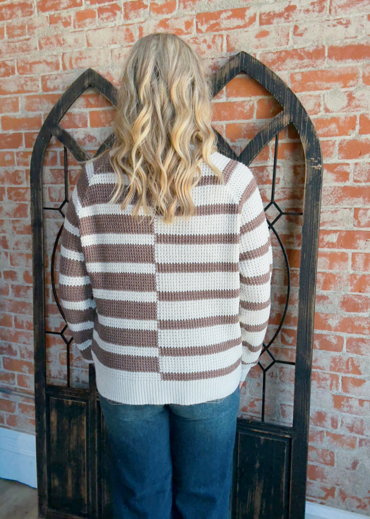 Give Me A Cappuccino Striped Color Block Sweater-Mocha