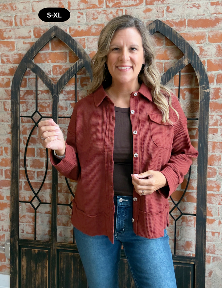 Never Ordinary Waffle Shacket-Rust