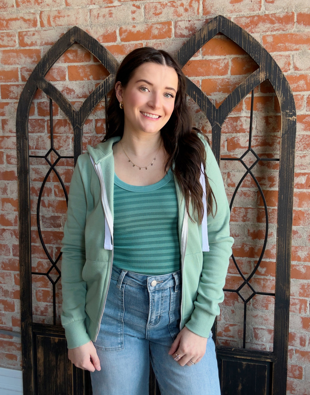 Always A Yes Fleece Zip Up-Sage