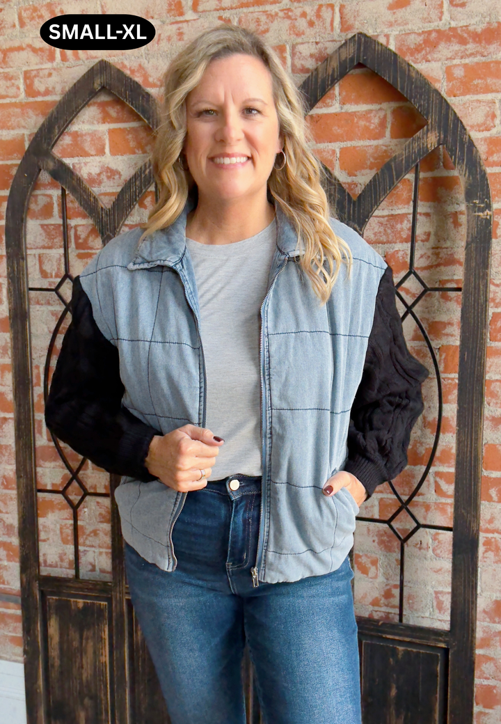 Turning Heads Denim/Cable Knit Sleeve Jacket